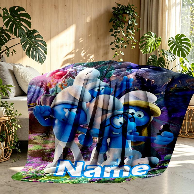 Custom Name Personalized Blue Smurfs Print Blanket, Home Decor, Bedroom, Sofa, Camping, Couch, Gifts for Birthday Christmas