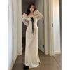 French Retro Gentle Wind One-word Shoulder Long-sleeved Dress, Beautiful Waist Temperament Long Dress, Autumn