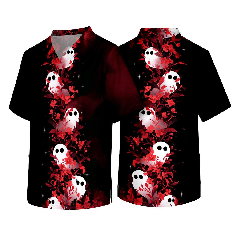 Men's Short Sleeve V-Neck Halloween Print Scrub Top with Chest Pocket