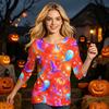 Women’s Casual Three Quarter Sleeve Crew Neck Top with Halloween and Pumpkin Print Loose Fit Comfortable Design