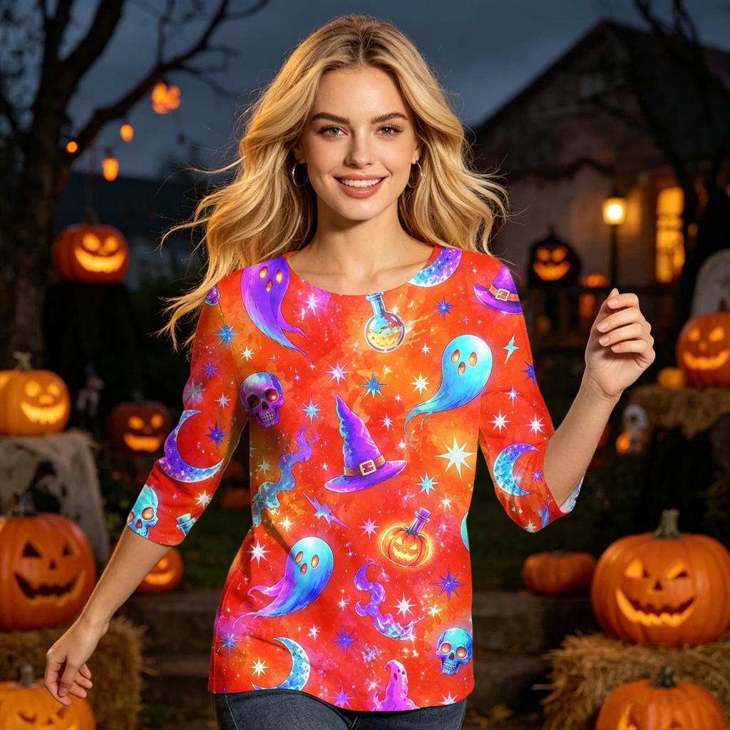 Women’s Casual Three Quarter Sleeve Crew Neck Top with Halloween and Pumpkin Print Loose Fit Comfortable Design