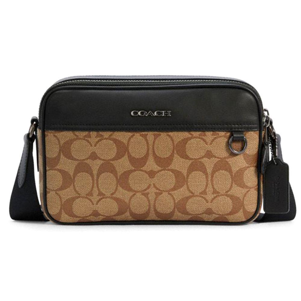 Coach Graham 23 Metallic Logo Iconic Pendant Color Block Leather Camera Bag Men Shoulder Bag Black Khaki Brown 50715-QBTN2