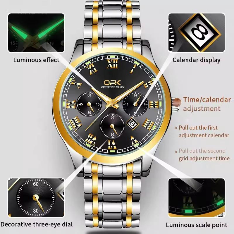 OPK 8119 Dual Calendar Men's Quartz Watch Waterproof Luminous Stainless Steel Wristwatch with Stainless Steel Band for Men