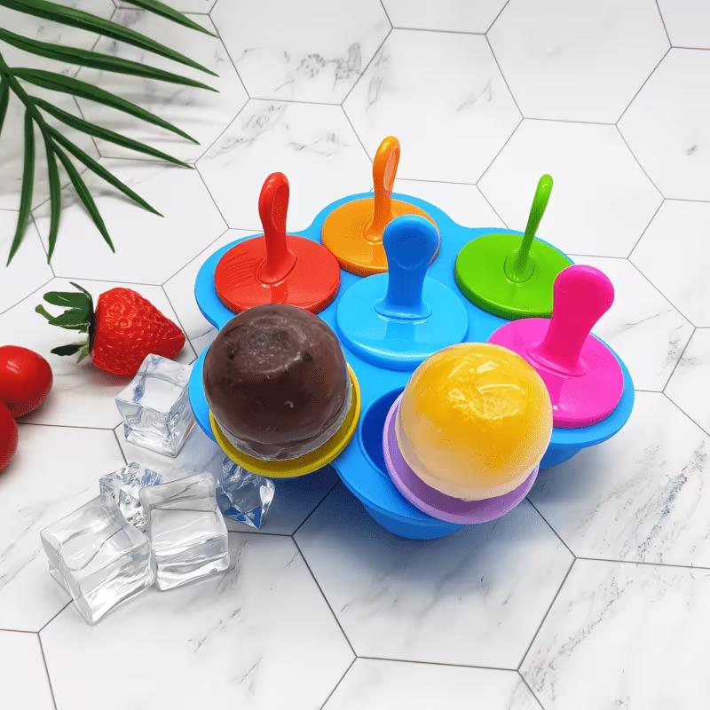 7-Cavity Silicone Ice Cream Mold Popsicle Maker with Handles Drip Tray DIY Food Grade Reusable Ice Pop Mold for Homemade Ice Cream, Juice, Smoothies
