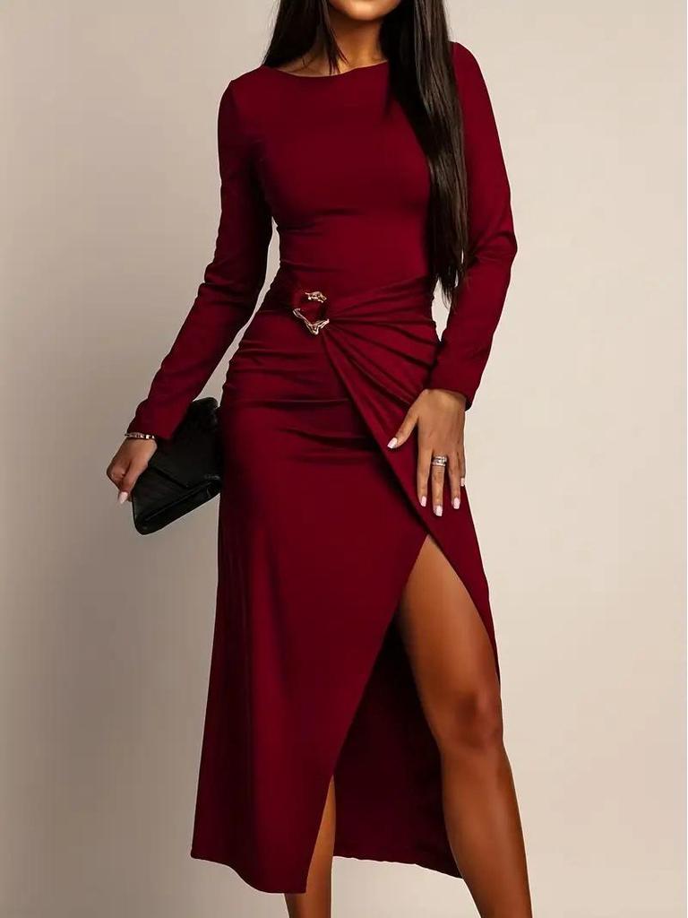 Elegant Retro Slim Fit Skirt with Waist Pleats & Metal Accents