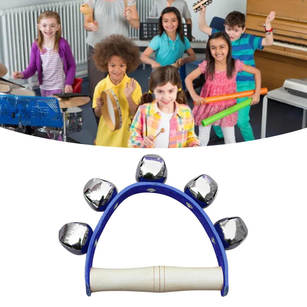 Wrist Shaking Bell 5 Bells Wooden Handle Handheld Sleigh Bell for Kindergarten Education Blue