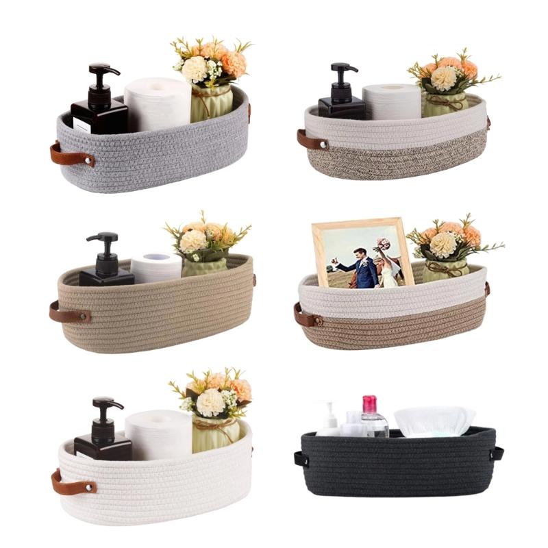 Natural Cotton Rope Oval Storage Basket Featuring Sturdy Leather Handles For Home Use
