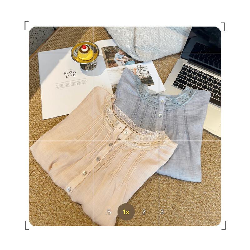 New Lace Spliced Puff Sleeve Chiffon Blouse for Women, Summer Tencel Ramie Short Top