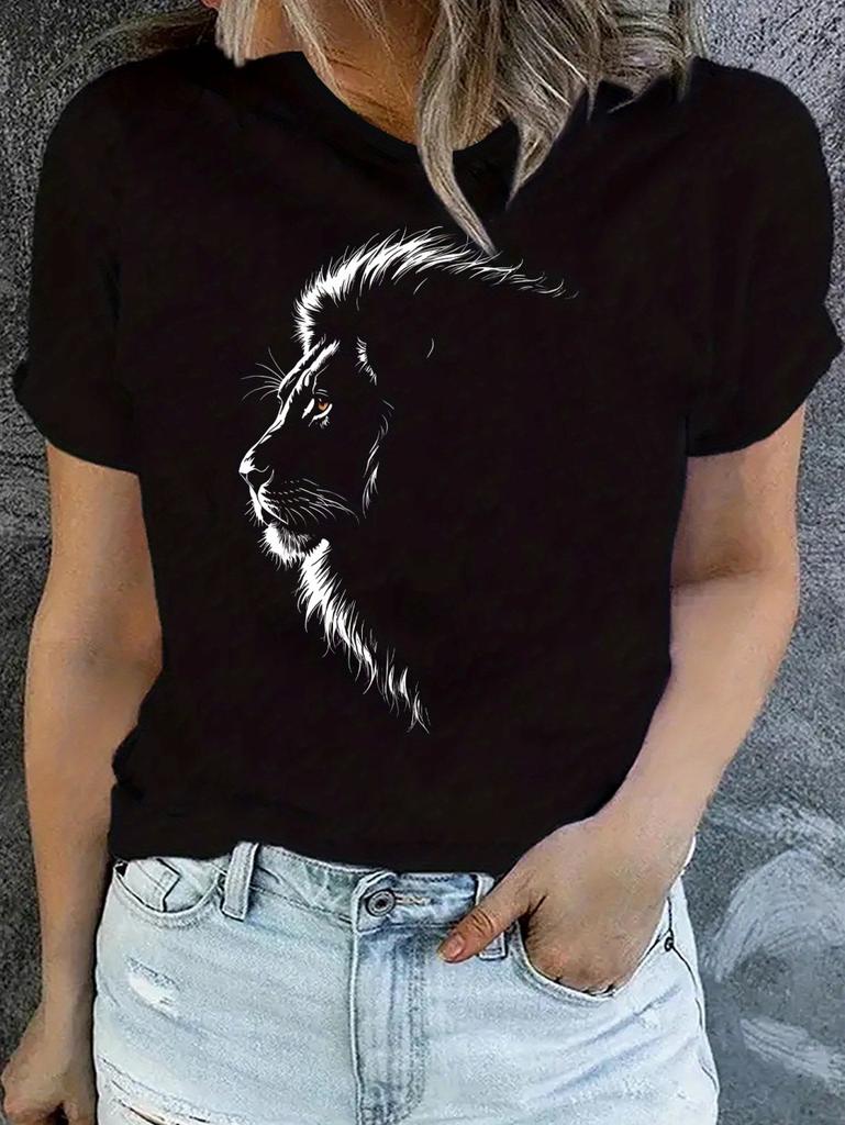 Summer Women's Casual Short Sleeve T-Shirt Vibrant Lion Geometric Print Fashion Casual Tops Tees Y2k Versatile Women's Clothes