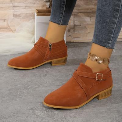 Damen Stiefeletten 2024 Herbst Neu Runde Zehenpartie Seitlicher Reißverschluss Damenstiefel Lässig Dicke Sohle Absatz Große Größe Mode Damenschuhe