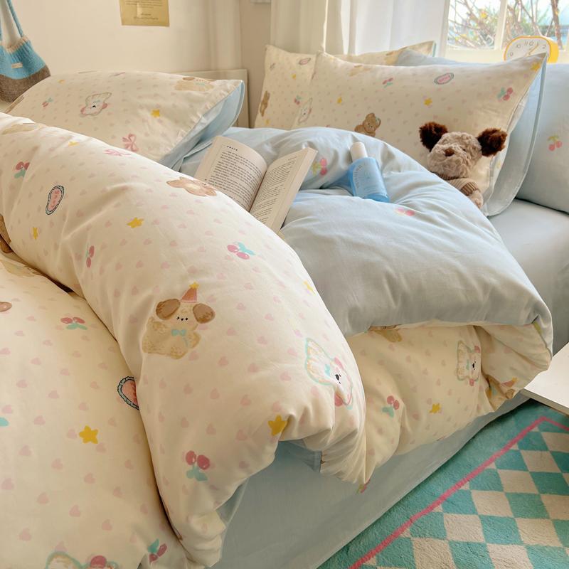 Sleeping Grid INS Age Reducing Cute Cartoon Style 40 Count Cotton Four Piece Set