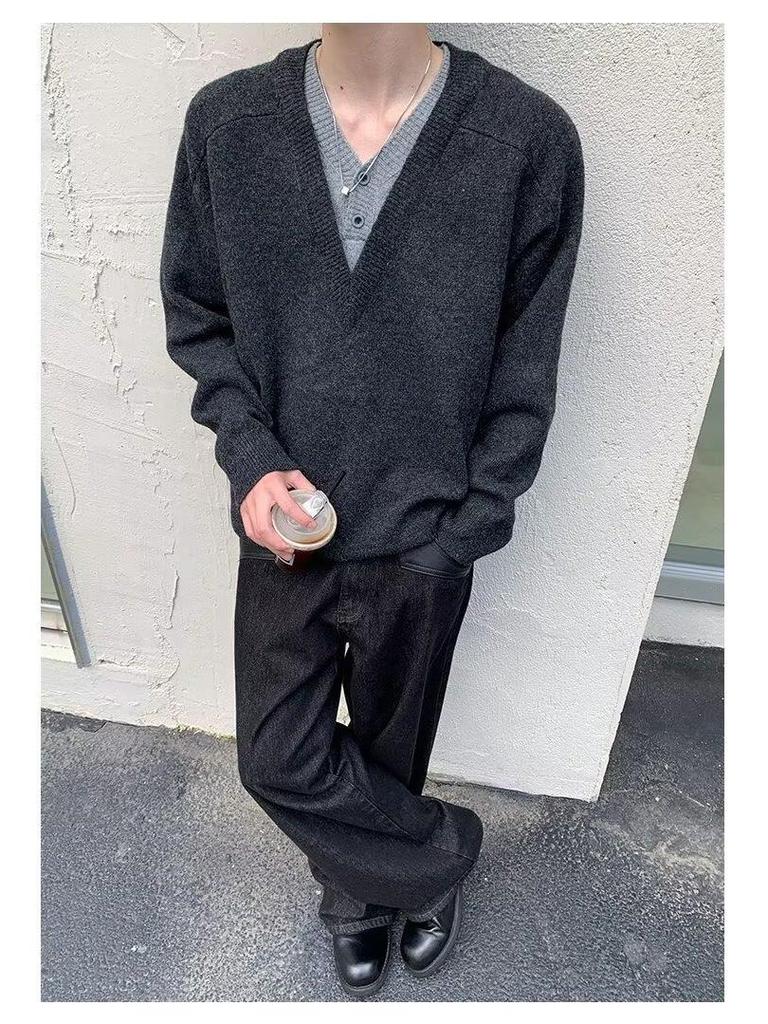 Men's V-Neck Two-Piece Look Hoodie - Textured, Loose Casual Sweater for Spring/Autumn