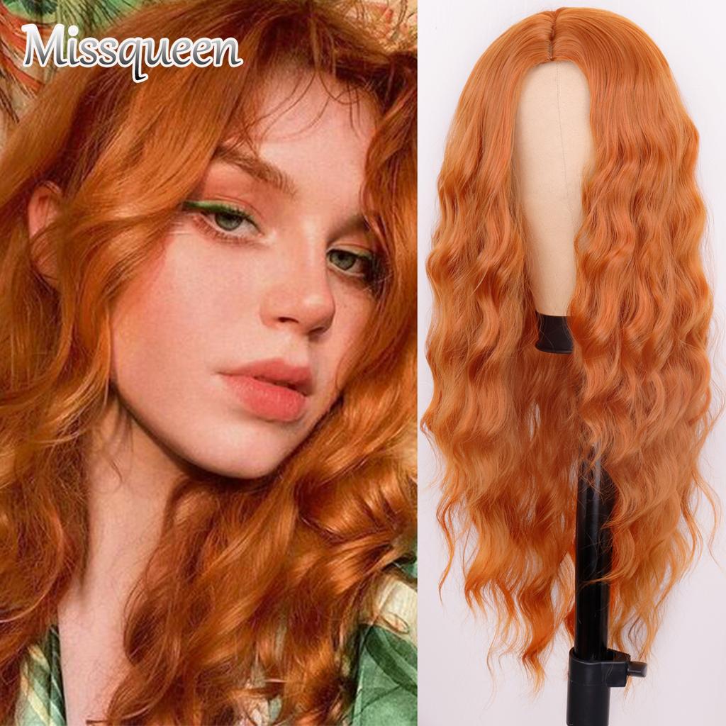 MISSQUEEN Syntetická paruka s dlouhou vodní vlnou Středně oranžová paruka z tepelně odolných vláken vhodná pro ženy na každodenní nošení