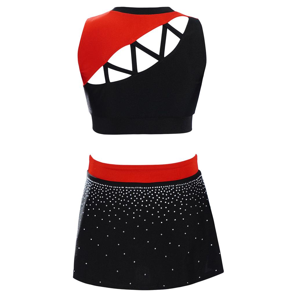 Girls Dance Crop Top and Skirt Set Sleeveless Rhinestone Design Side Slit Cheerleading Costume