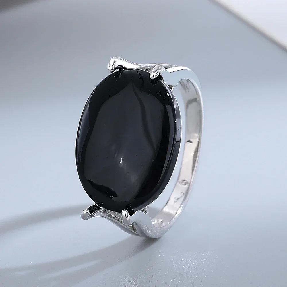 

S925 Sterling Silver Natural Large Black Agate Stone Ring 13*18mm Oval Shape Vintage Black Rings Fine Jewelry for Men