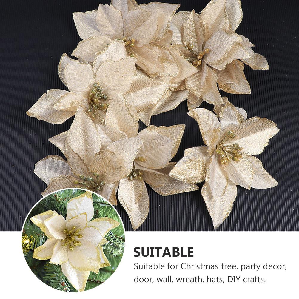 36Pcs Christmas Flower Ornament Cloth Simulated Glitter Lightweight Decoration for Tree Party Wedding DIY Craft Adornment