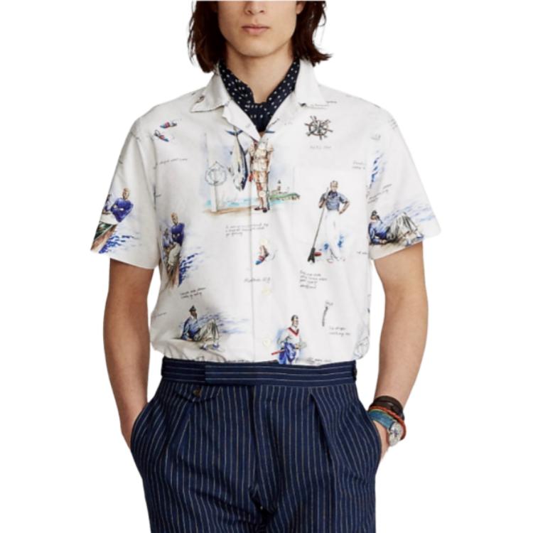 Polo Ralph Lauren SS26 Рубашка Оксфордская с принтом в виде мультяшной иллюстрации, с лагерным воротником, с коротким рукавом, Классическая версия, Мужские рубашки 710834500-001 L