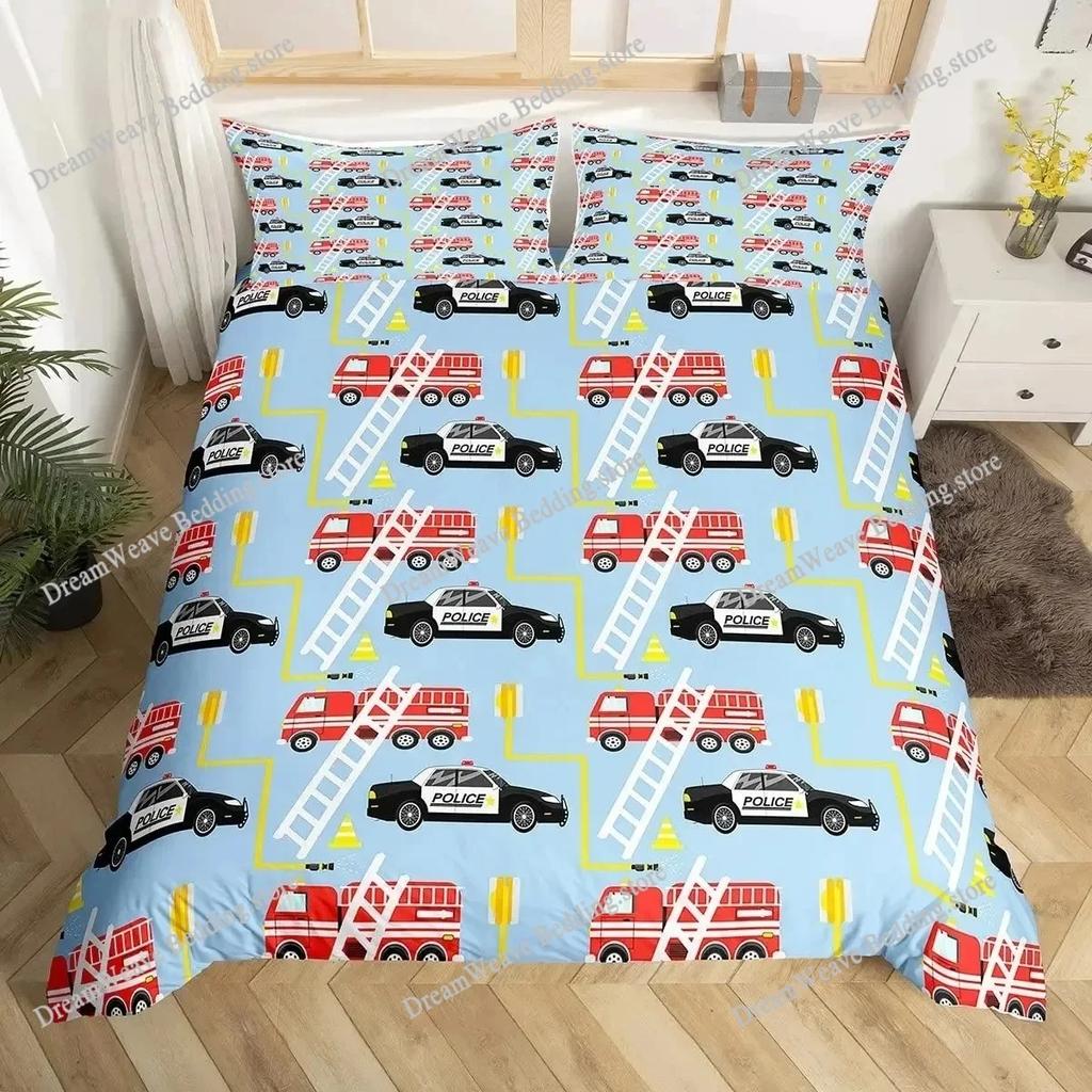 Firefighter Car Duvet Cover Set,Fire Truck Bedding Set King, Honeycomb and Fire Comforter Cover Fire Engine Vehicle Quilt Cover