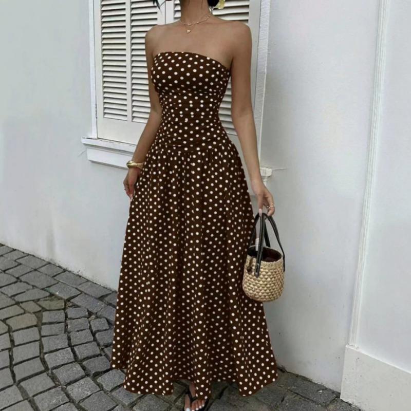 2026 Summer Off Shoulder Polka Dot Dress New Sexy Elegant Strapless Waist-cinching Slim Fit A-line Party Evening Dress Sweet Pleat Fashion Clothing