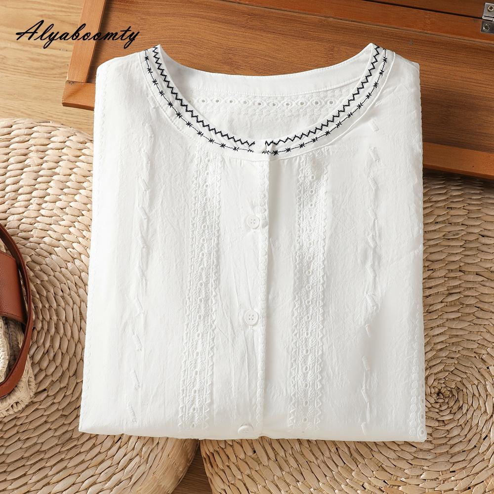 Korean Style Spring Summer Women White Blouse O Neck Hollow Out Embroidery Cotton Shirt Lantern Sleeve Elegant Feminine Blouse