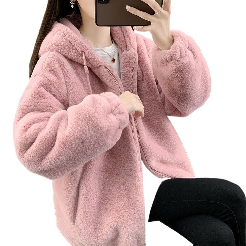 Manteau d'hiver pour femme 2025 à capuche mi-long en fausse fourrure avec laine d'agneau épaissie et coupe ample