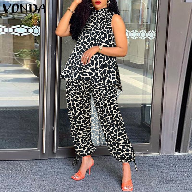 VONDA femmes grande taille col montant sans manches motif géométrique imprimé haut ample et pantalon ensemble deux pièces