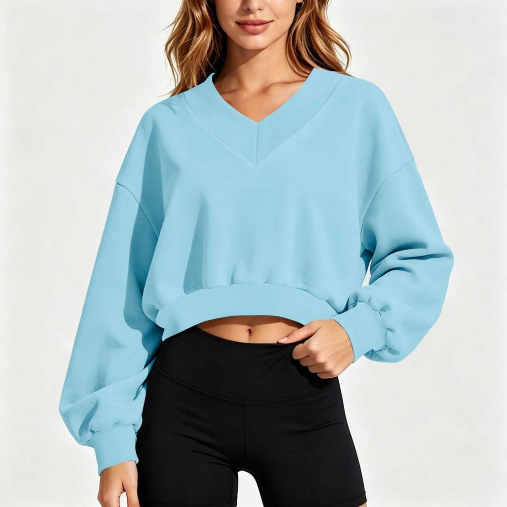 Women's Casual V Neck Long Sleeve Cropped Sweatshirt for Everyday Wear