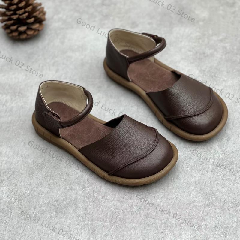 Fashion Soft Leather Women's Flat Shoes Retro Handmade Comfortable 2025 Summer Genuine Leather Fashion Black Casual Sandals Ladies