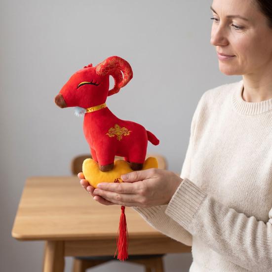 Chinese Cultural Ornament New Year Goat Plush Ornaments, Zodiac of Stuffed Hanging Dolls, Embroidery Decor for Spring Festival, Party Decoration