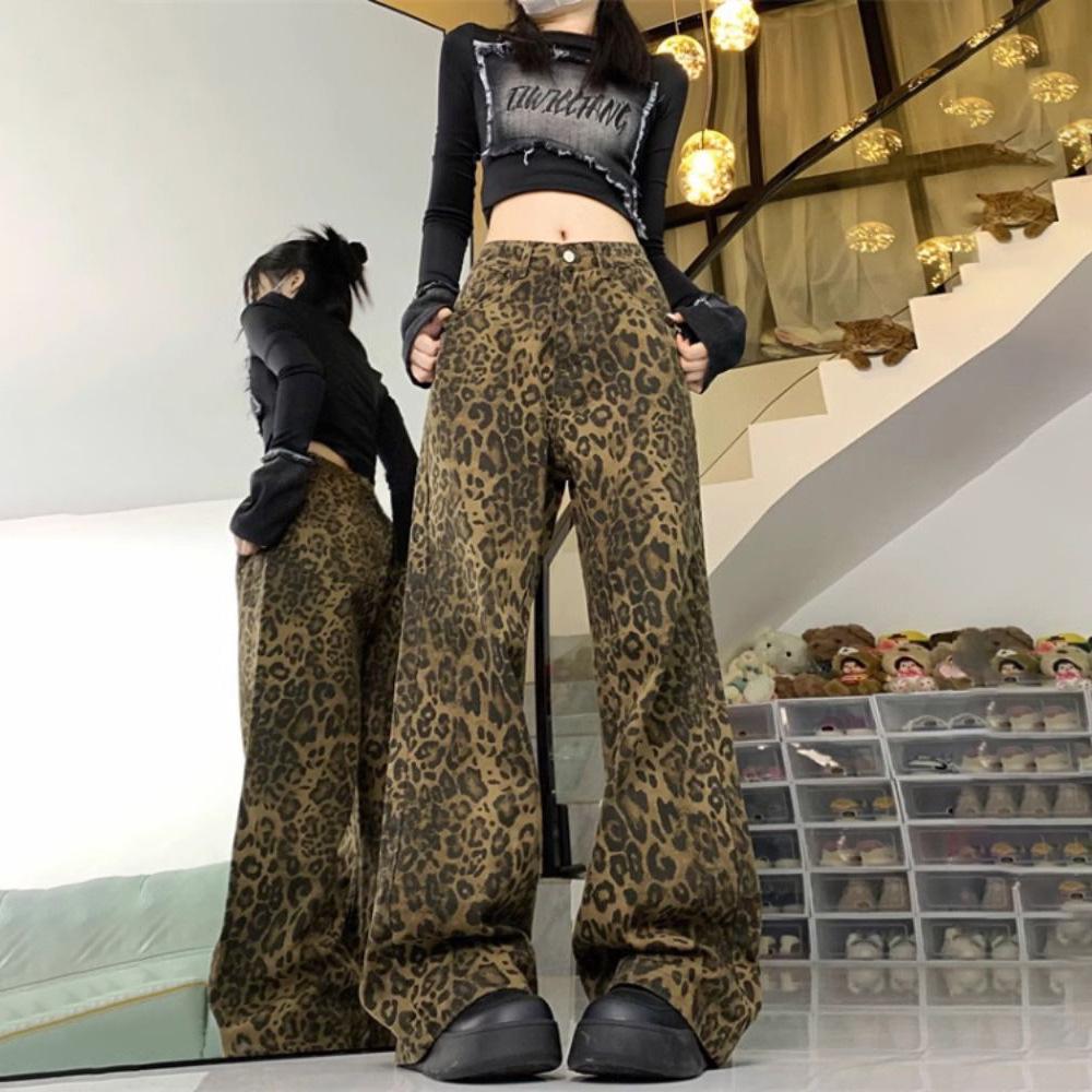 Unisex Retro Leopard Print Wide-Leg Jeans – Trendy Summer Loose-Fit Casual Pants with Belt