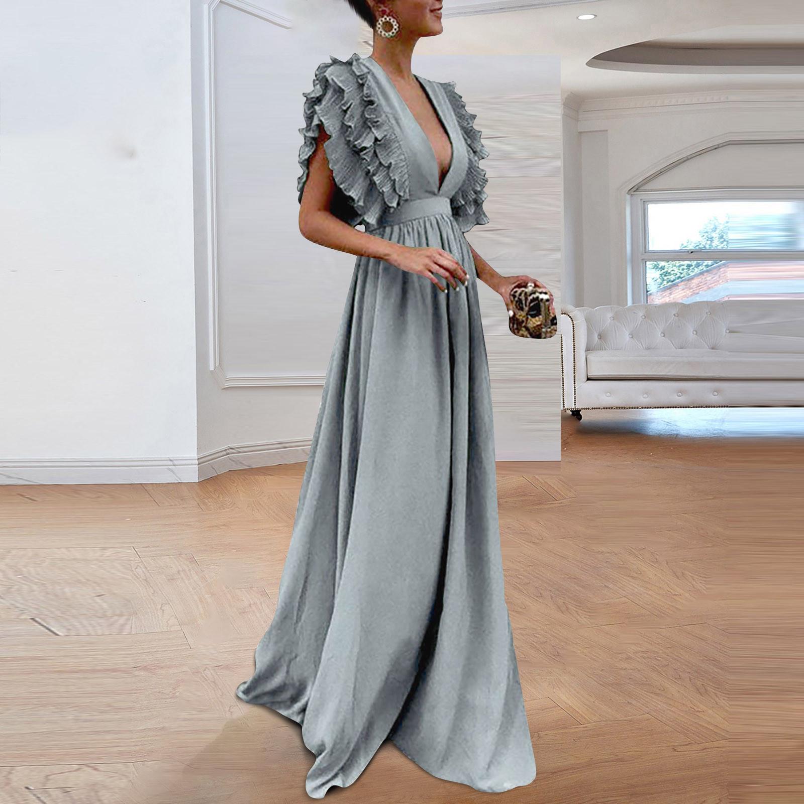 

Женское однотонное винтажное длинное вечернее платье с v-образным вырезом и рукавами-крылышками больших размеров сзади XXXL серый