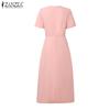 ZANZEA Women Elegant Bow O-neck Casual Summer Short Sleeve Dress