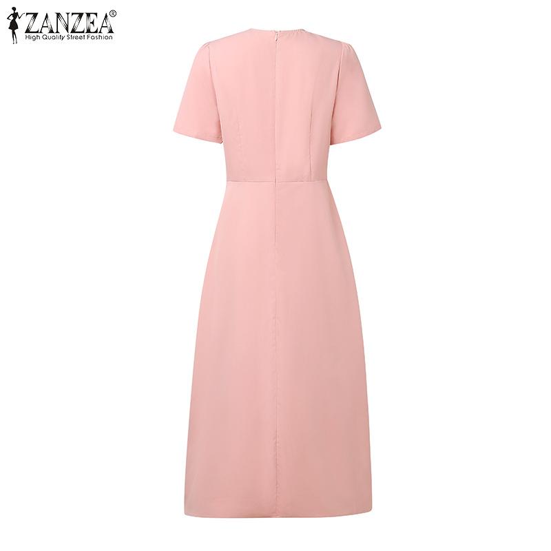 ZANZEA Women Elegant Bow O-neck Casual Summer Short Sleeve Dress