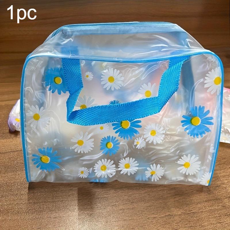 1pc Daisy Print Handbag Portable Beach Wash Bag Large Capacity Makeup Bag PVC Swimming Bath Bag Clothing Storage Tote Bag