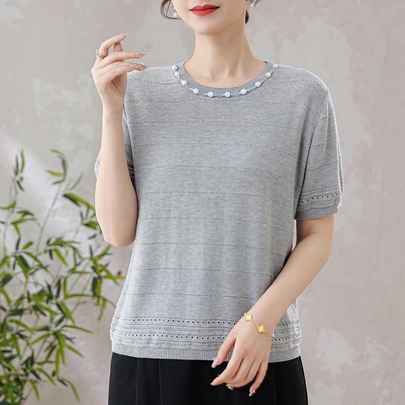 2026 Women s Tencel Knit Hollow Woven Half Sleeve Round Neck Top 115 серый