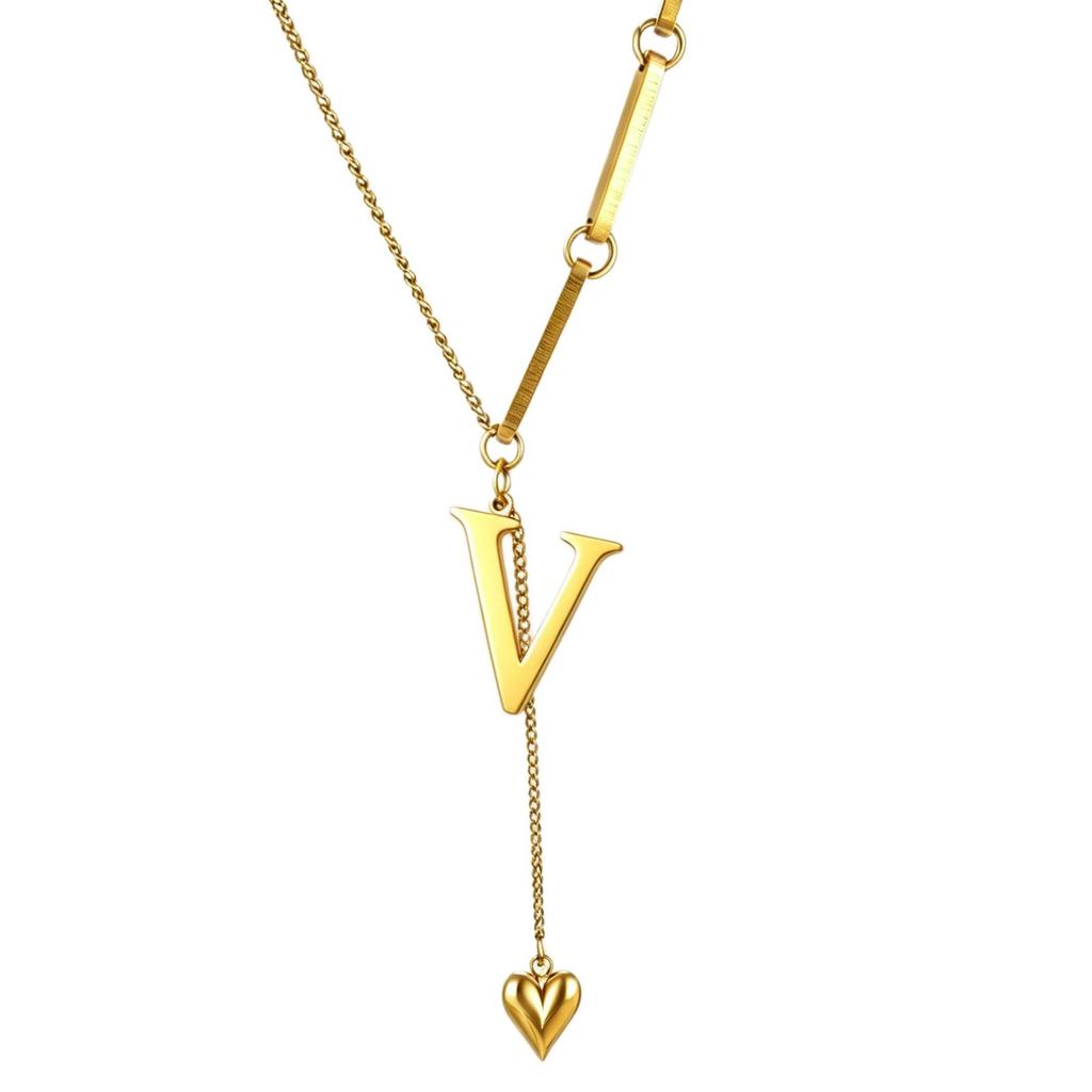 Initial Letter Necklace Gold Plated Stainless Steel Puffy Heart Pendant A-Z Alphabet Lariat Y Choker Waterproof
