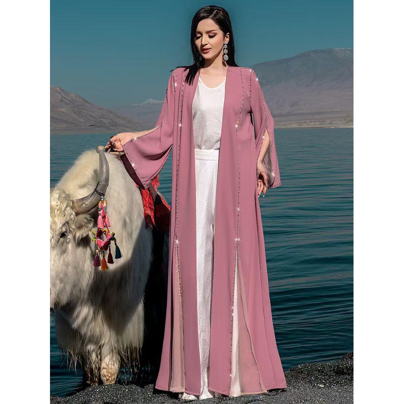

Middle East New Arrival Fashion Elegance Hand-Stitched Diamond Cardigan Robe Dress Diamond Studded Dress Bean paste powder L