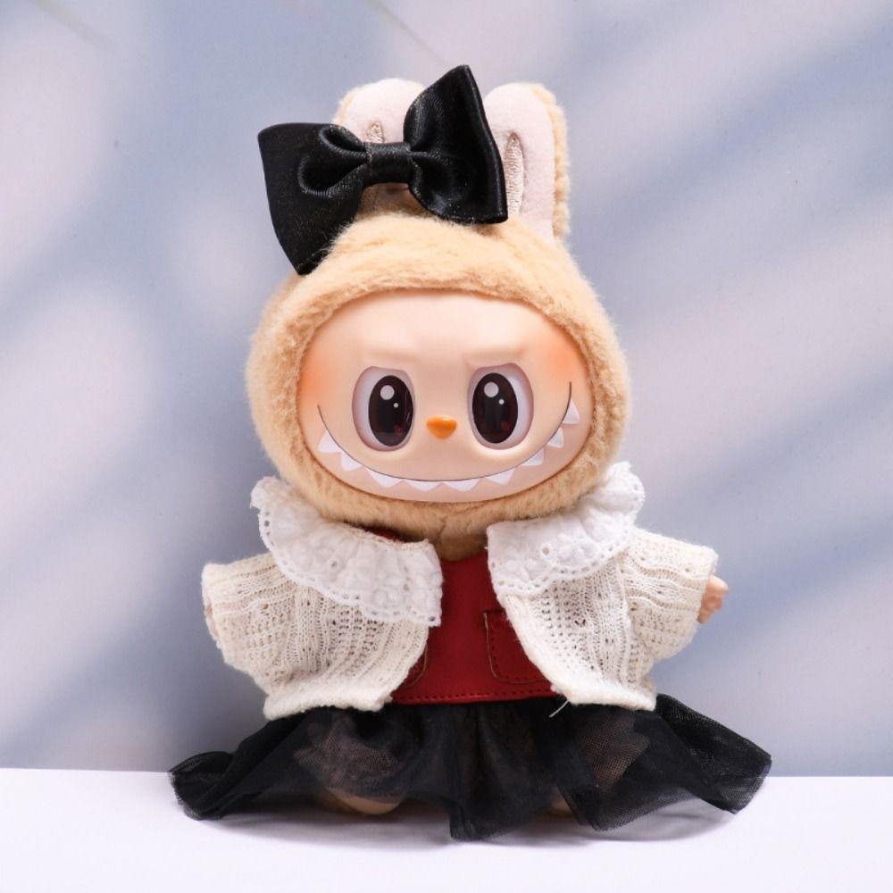 Red Leather Jacket Sitting Labubu Time Cloth 17cm Plush Dolls Clothes  Cotton Doll Accessories