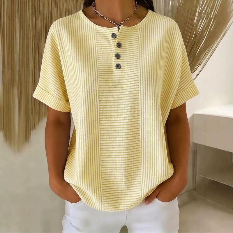 Women Blue White Vertical Stripe Henley Neck Half Button Roll Cuff Short Sleeve Loose Casual Blouse