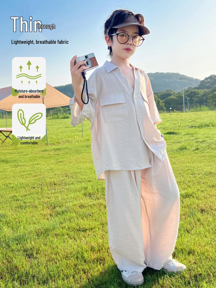Boys' Summer 2026 Casual Korean Style Two-Piece Set – Short Sleeve & Long Pants