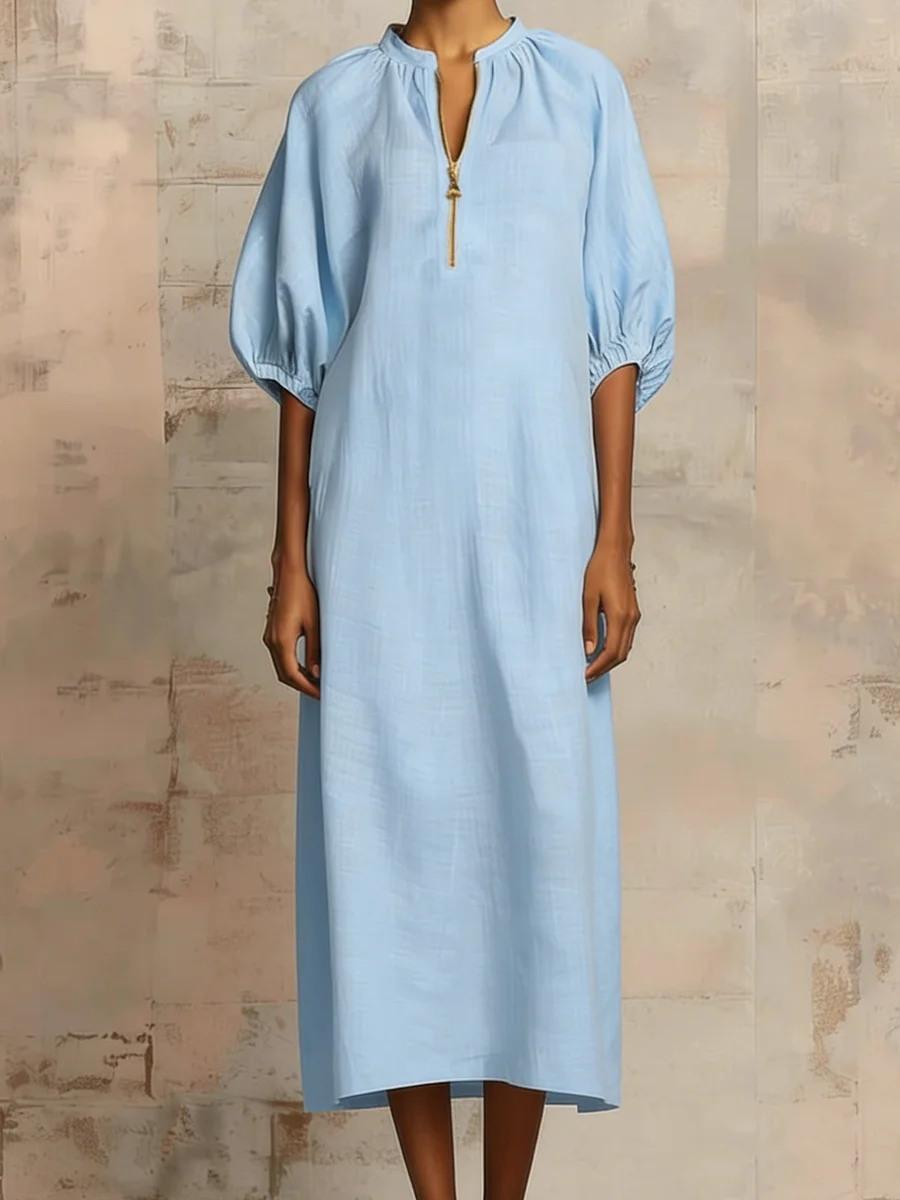 New Spring Summer Women s Clothing Solid Cotton Linen Loose Casual Bubble Sleeve Dress for Women S лазурь