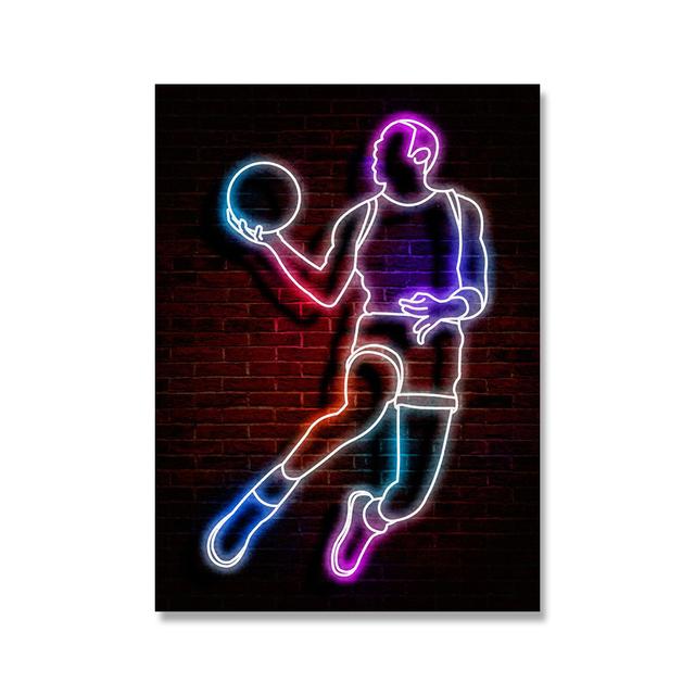 Neon Light Art Canvas Painting Abstract Fancy Basketball Sport Posture Poster Street Wall Art for Kids Boys Room Home Decoration