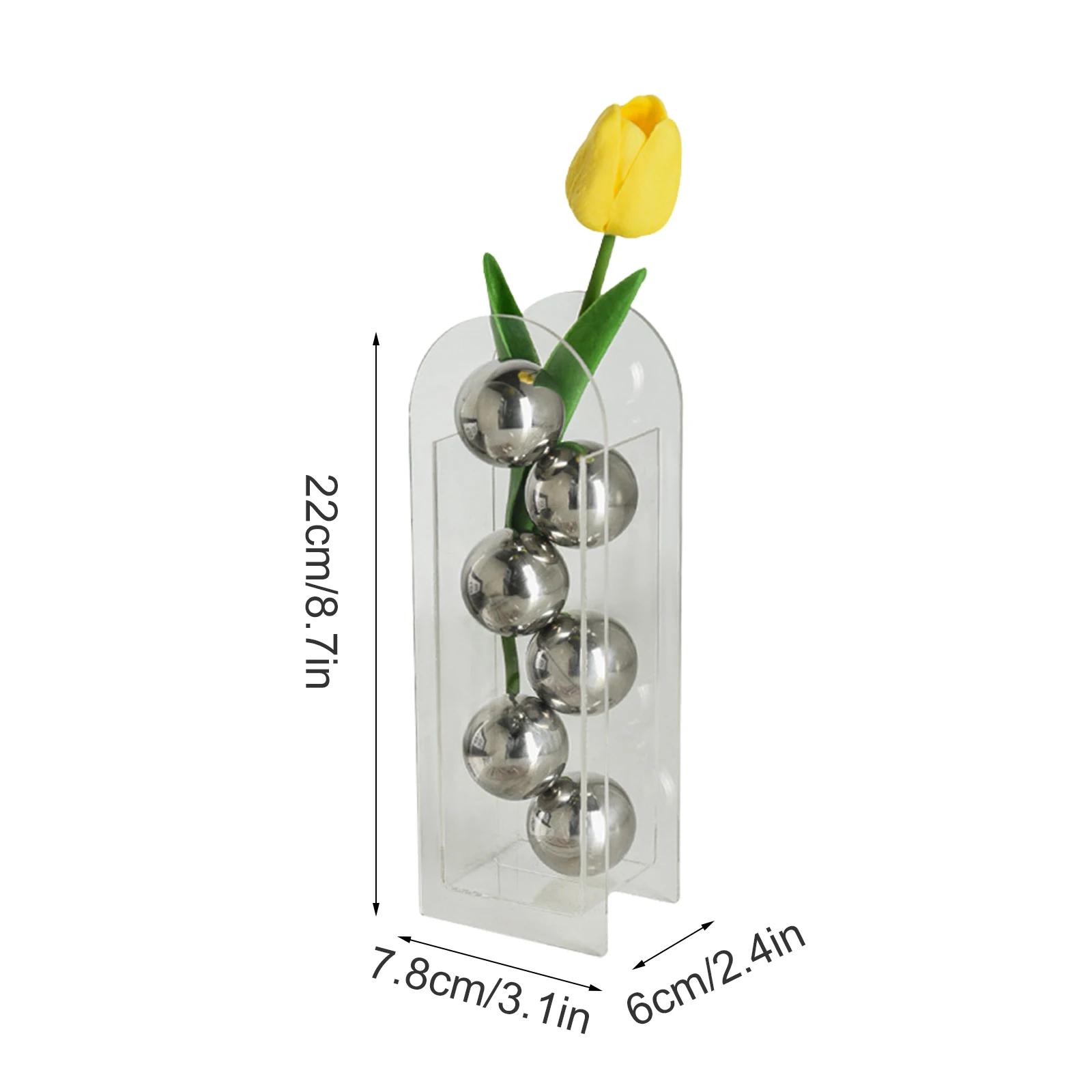 Modern Acrylic Vase with 6pcs Stainless Steel Ball Geometric Minimalist Vase Unique Desktop Home Decor Plant Floral Container