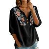Women Floral Pattern Henley Button Neck Shirt Three Quarter Sleeve Loose Fit Linen Cotton Blouse Casual Top for Daily Wear