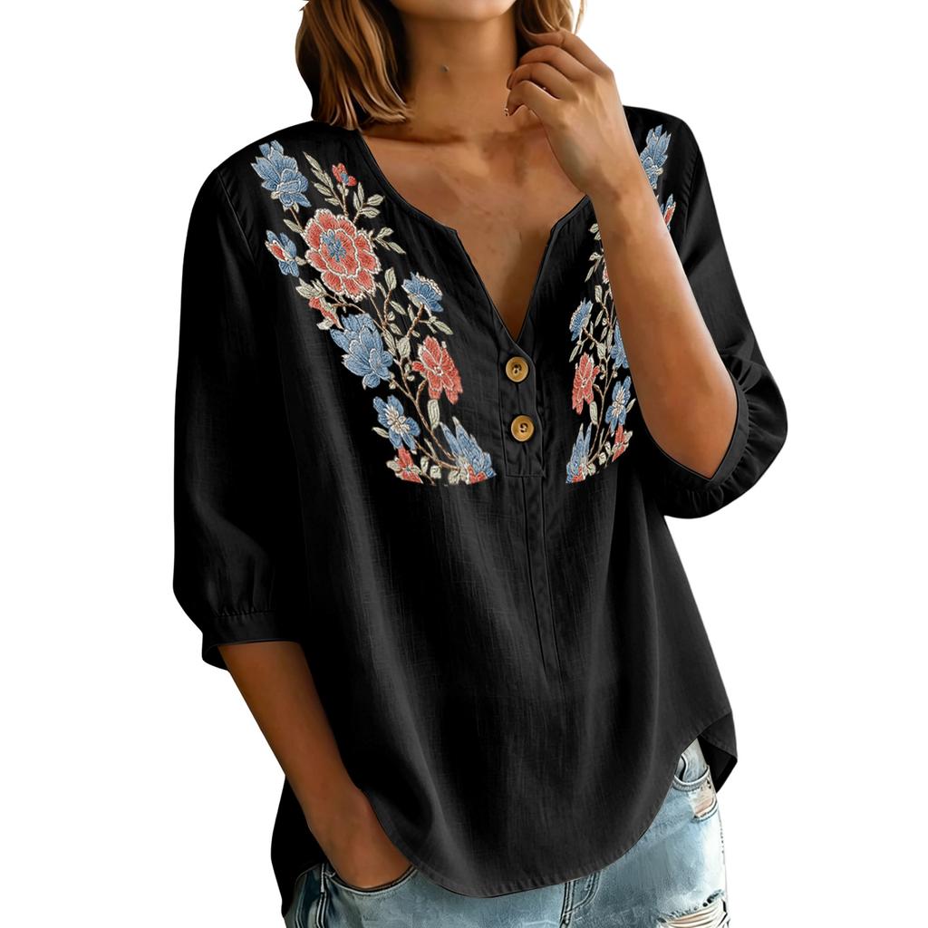 Women Floral Pattern Henley Button Neck Shirt Three Quarter Sleeve Loose Fit Linen Cotton Blouse Casual Top for Daily Wear