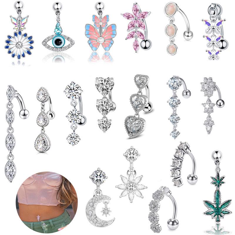 Upside Down Peach Heart Teardrop Zircon Belly Button Ring, 316 Stainless Steel Navel Jewelry