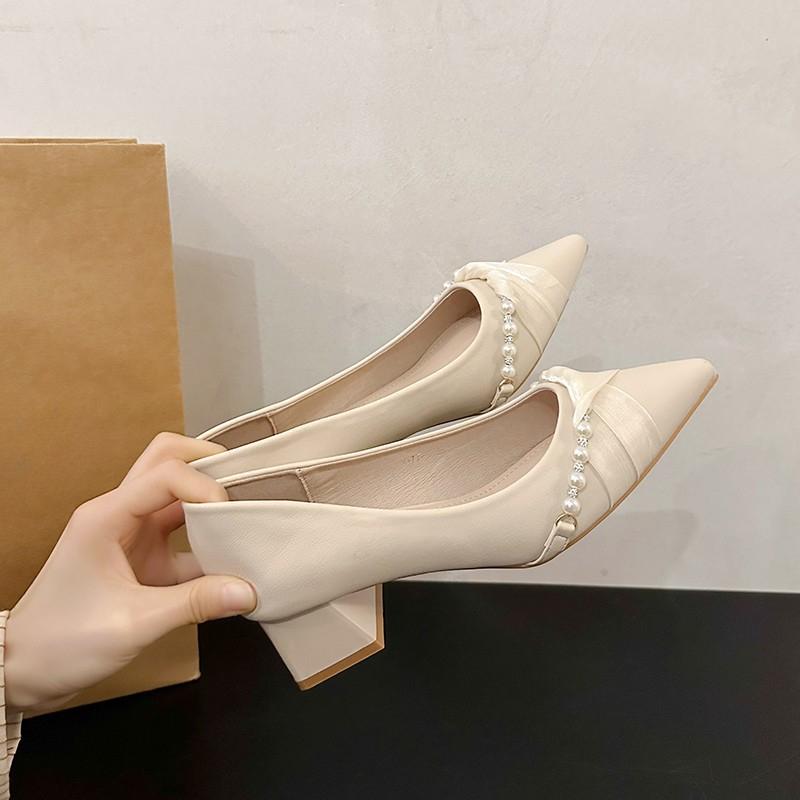 Fashion Fashion Pointed Pearl High Heels Shoes Women White Wedding Shoes Thick High Heels Party Pumps Woman Footwear Zapatos De Mujer