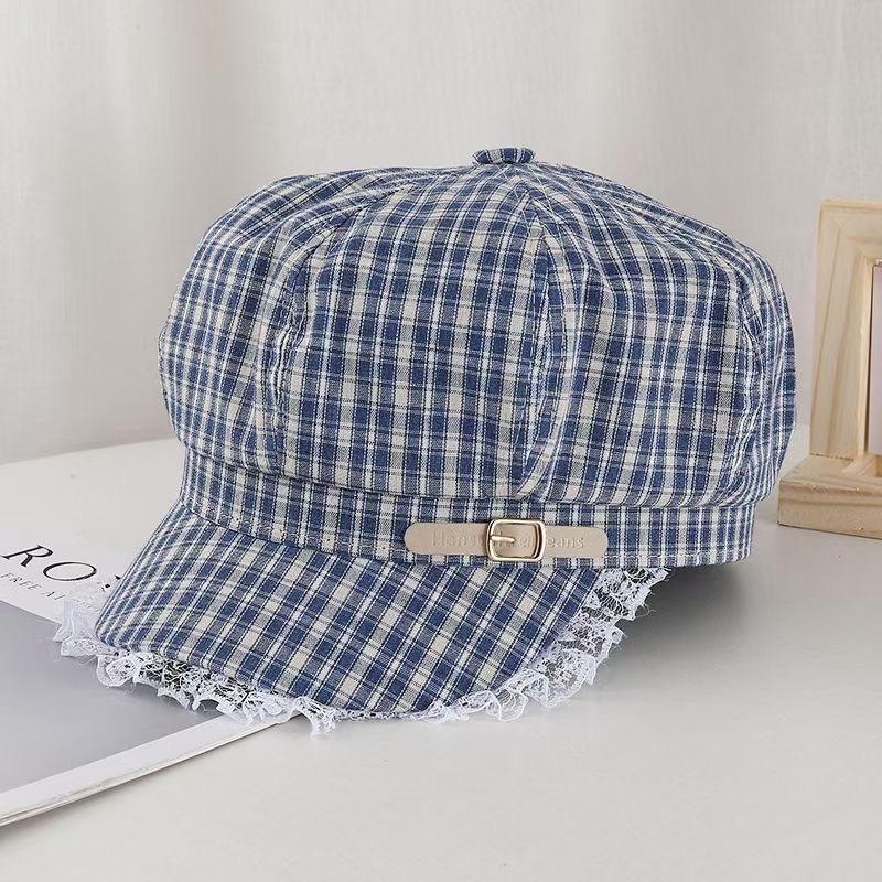 New Plaid Spring and Summer Plaid Japanese Designer Joint Plaid Lace Edge Beret Octagonal Hat Sweet Painting