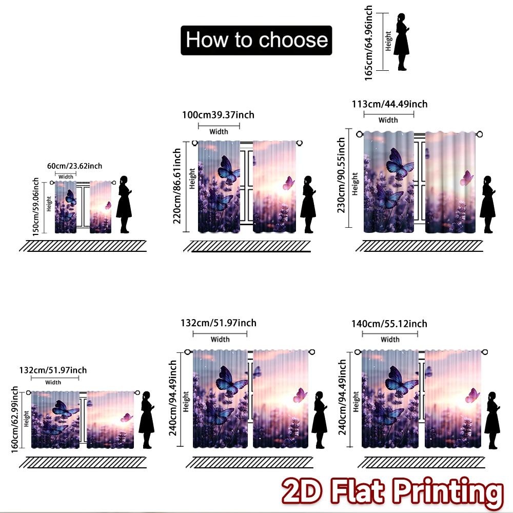 2D flat printing 2pcs Curtains Beautiful Butterflies Lavender Field Digital Printed Polyester Drapes Birthday Party for Indoor