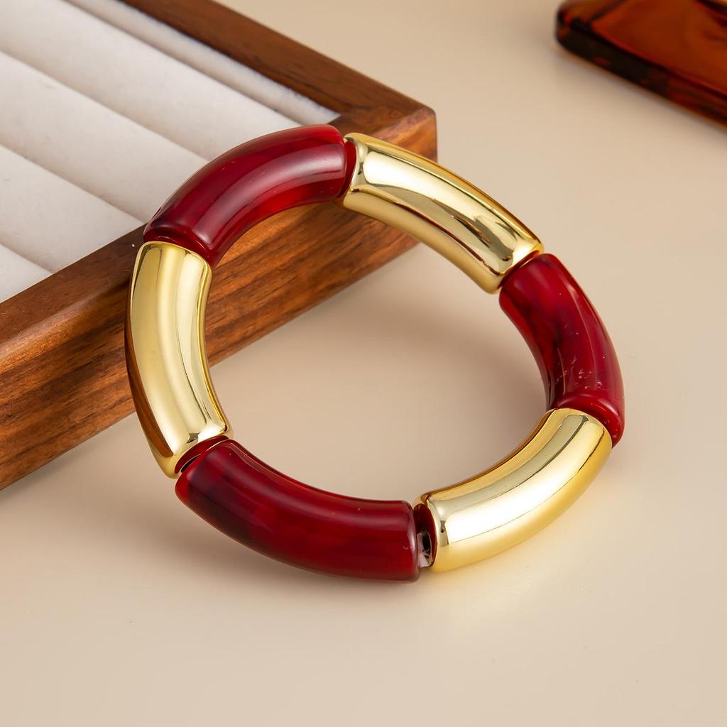 Bamboo Resin Leopard Joint Print Elastic Bracelet With Colorful Patchwork Bent Tube Design